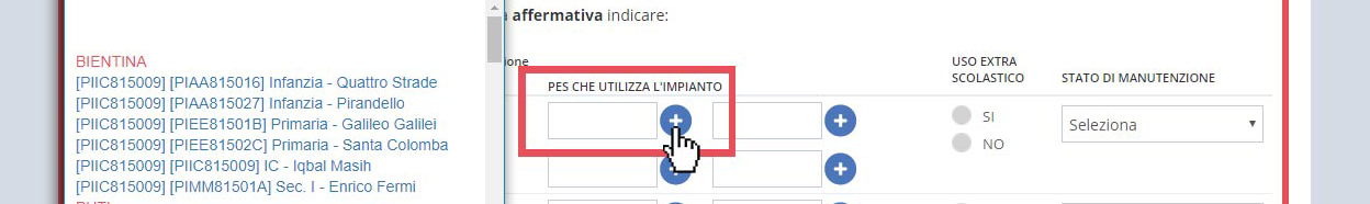 immagine pagina sezione Sezione F2 impianti all'aperto e piscine, iserimento PES che utilizza l'impianto